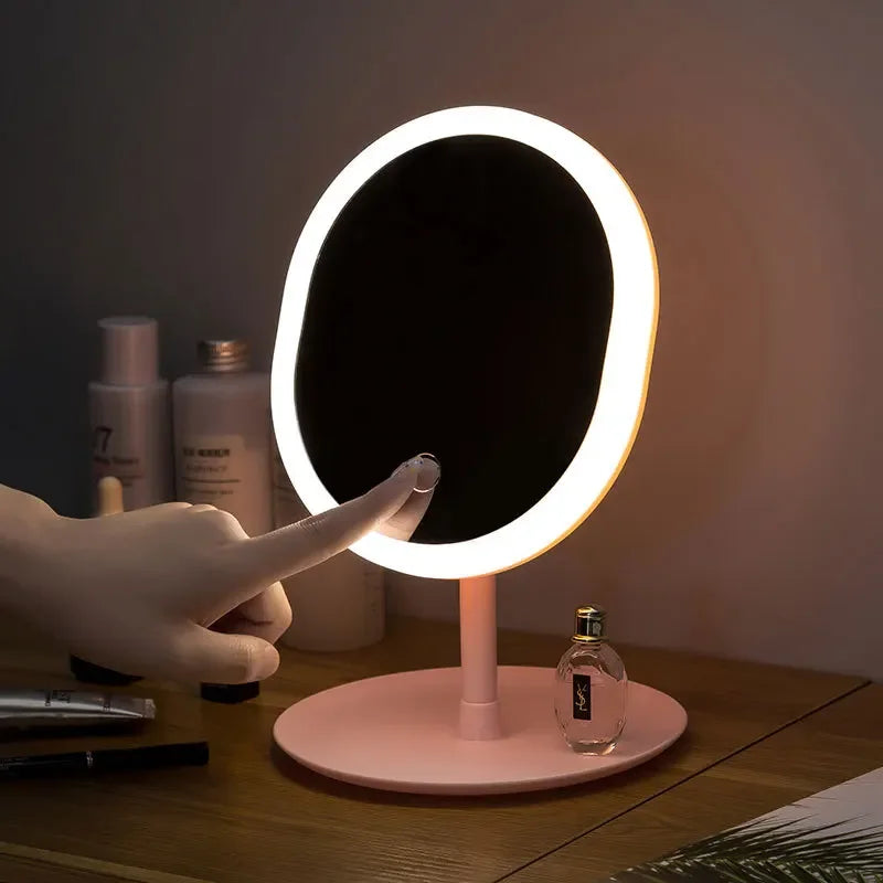 Oval Makeup Mirror with LED Light Intelligent Make-Up Mirror Desktop Mirror Smart Rechargeable Beauty Dormitory Mirrors